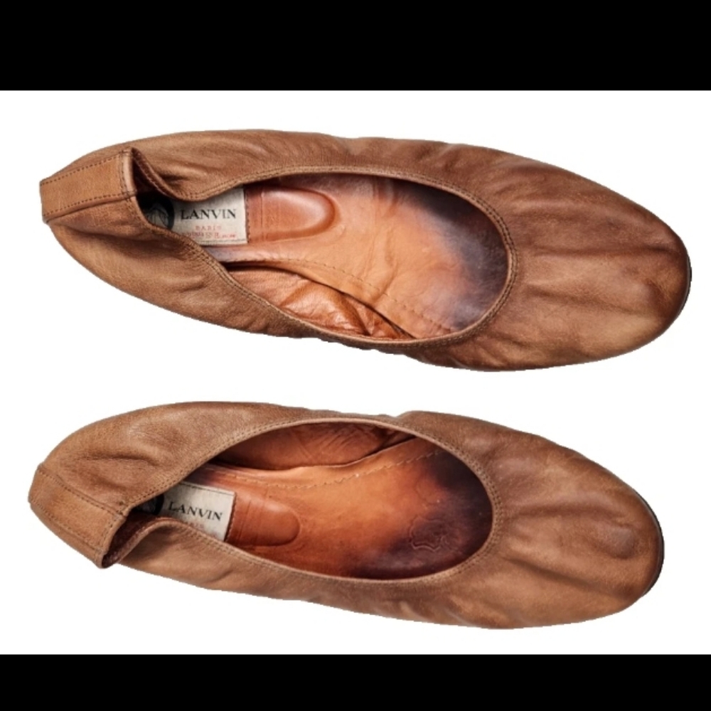 Lanvin Paris Brown Tan Leather Scrunch Ballet Flats Shoes size 10.5 - 11